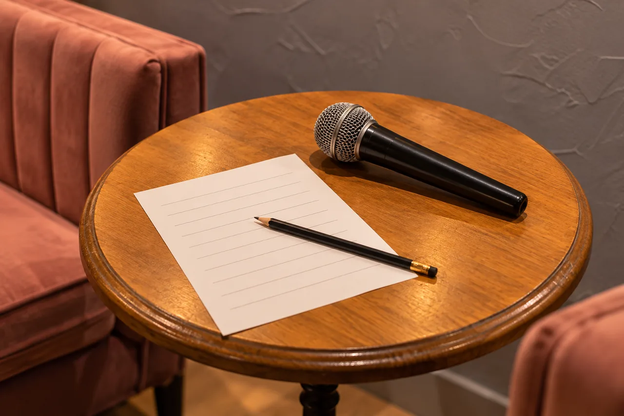 Illustration von Mikrofon, Papier und Bleistift für ein Musikquiz
